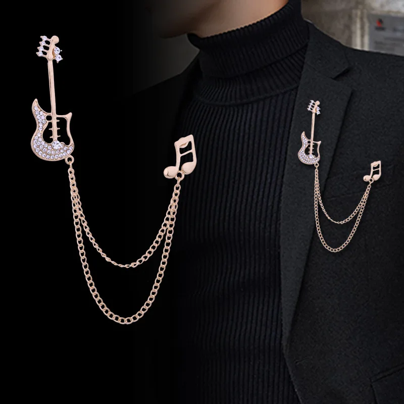 

Korean New Guitar Music Notes Brooch Crystal Tassels Chain Lapel Pin Suit Coat Corsage Brooches for Women and Men Accessories
