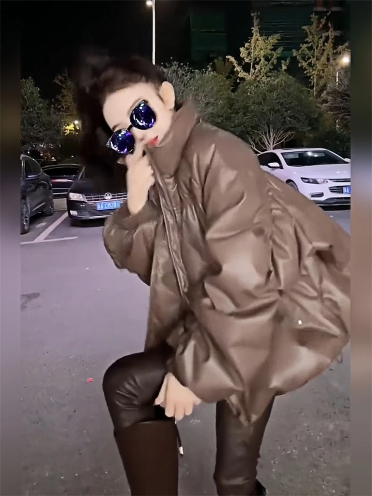 Высококачественное пальто из искусственной кожи кофейного цвета с хлопковой