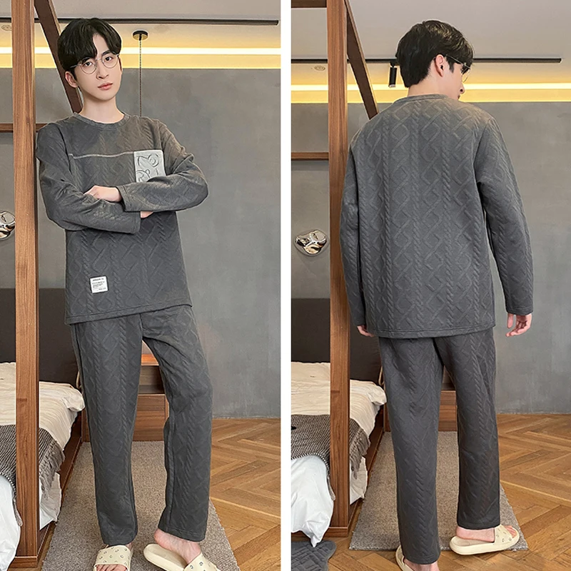 QUHENG Men's Pajamas Autumn Winter Cotton Pijamas Set 2022 New Warm Cartoon Long Sleeve Trousers Two-piece Loose Casual Suit