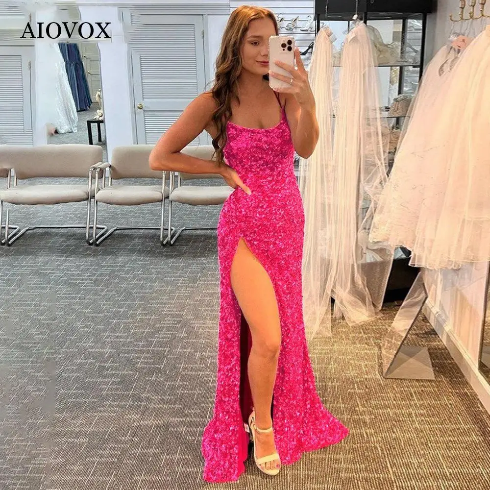 

AIOVOX Simple Sequin Sheath Evening Dresses Women Sexy Spaghetti Strap Backless Split Prom Dress Floor Length Vestidos De Noche