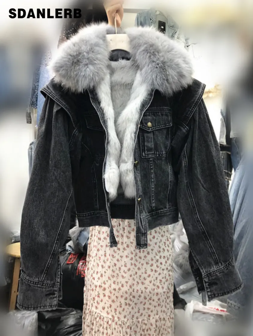 New Fox Fur Collar Fleece-Lined Thick Denim Fur Coat Women's Winter Short Clothing Loose Korean Style Ins Fashion Jean Jacket