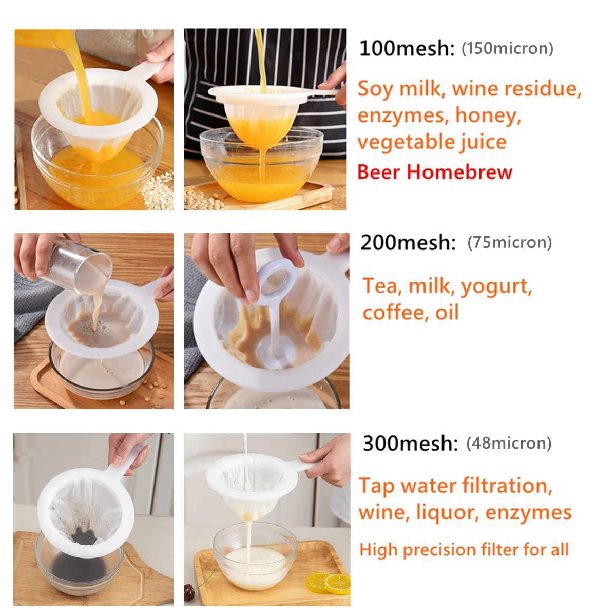 100/200/400 Mesh Reusable Nylon Ultra Fine Filter Mesh Strainer Spoon Sieve Soy Milk Juice Coffee Food Filter Kitchen Colander images - 6
