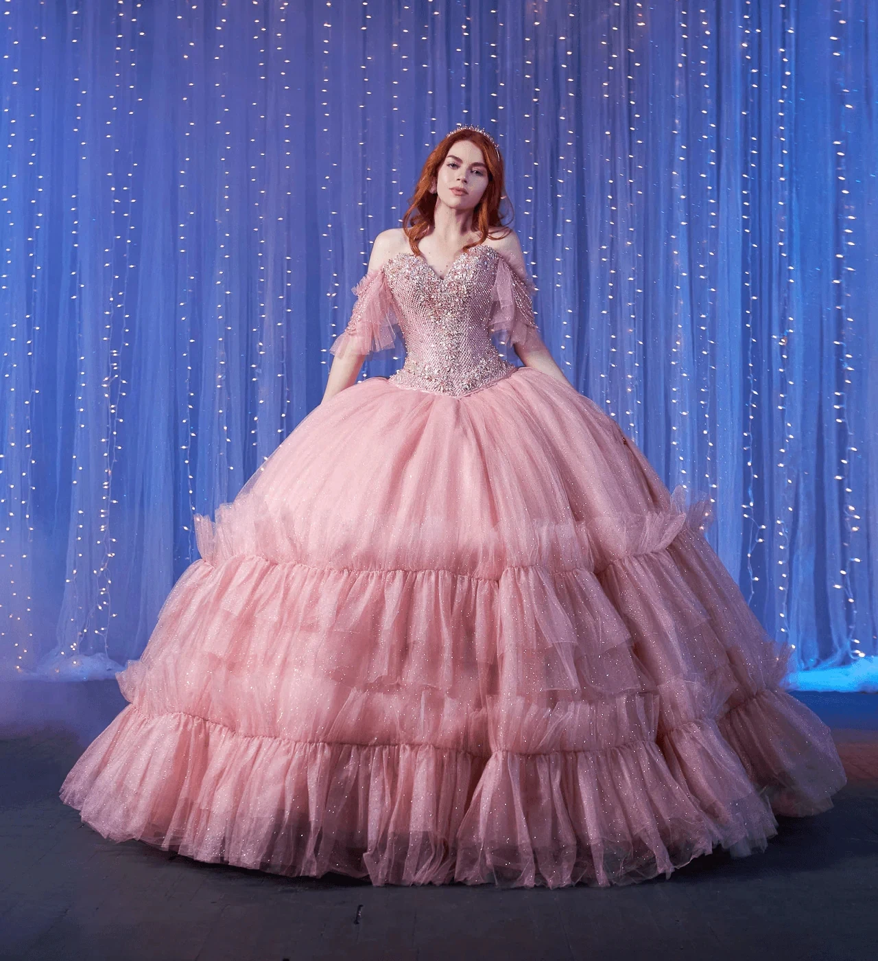 

Pink Charro Quinceanera Dresses Ball Gown Off The Shoulder Tulle Tiered Crystals Puffy Mexican Sweet 16 Dresses 15 Anos