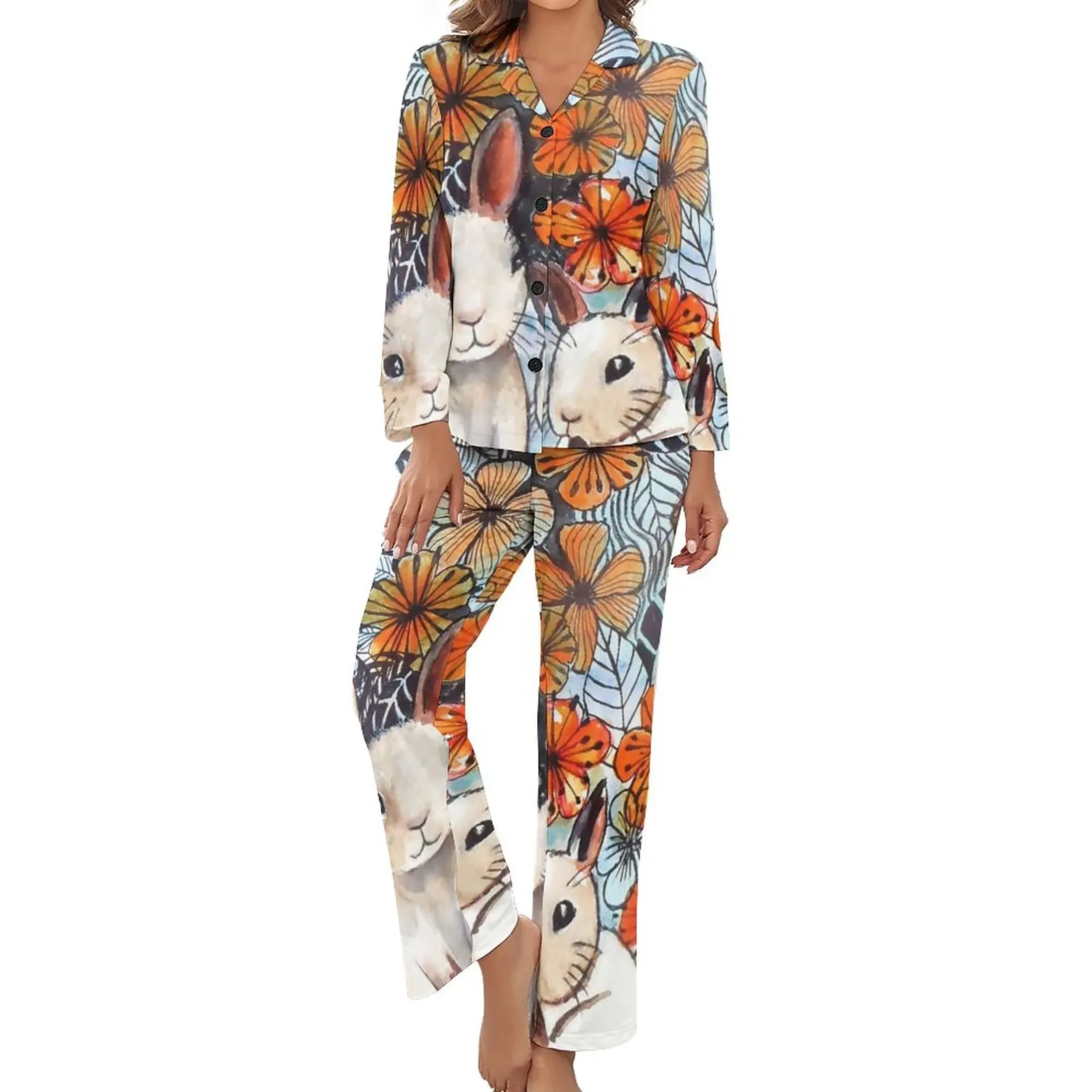 

Easter Bunny Pajamas Flower Power Bunnies Long Sleeve Cute Pajama Set 2 Pieces Sleep Autumn Print Home Suit Birthday Gift