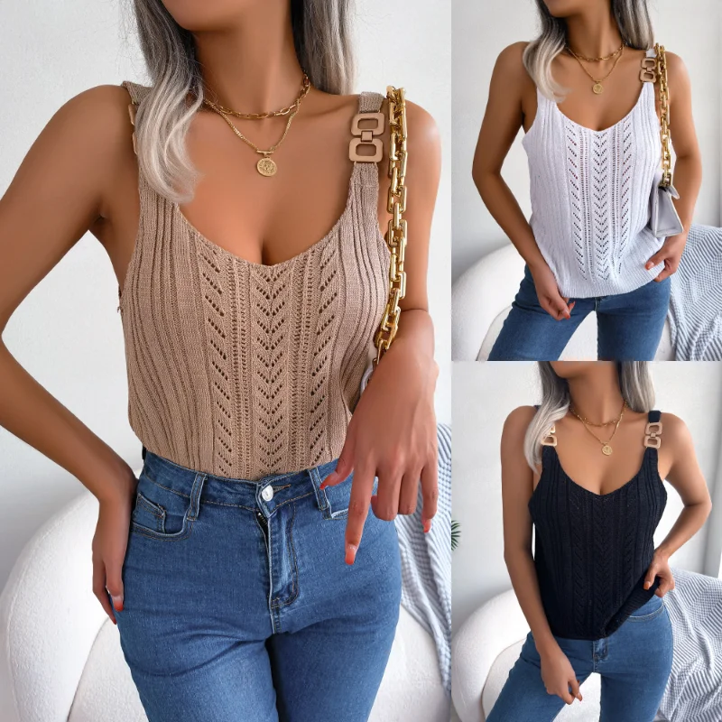 

Casual Camisole V-neck Hollow Sleeveless Top Medium Strecth Metal Buckle Knitted T-shirt Spring and Summer Europe and America