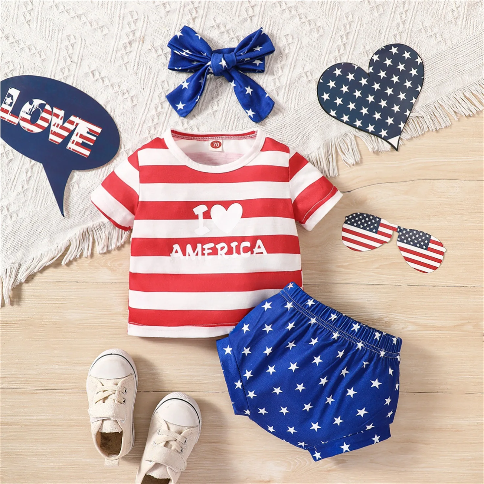 

1 2 3Y Newborn Infant Baby Clothes Girls Summer Print Short Sleeve Tshirt Shorts Hairband Independence Day 3Pcs Outfits Clothes