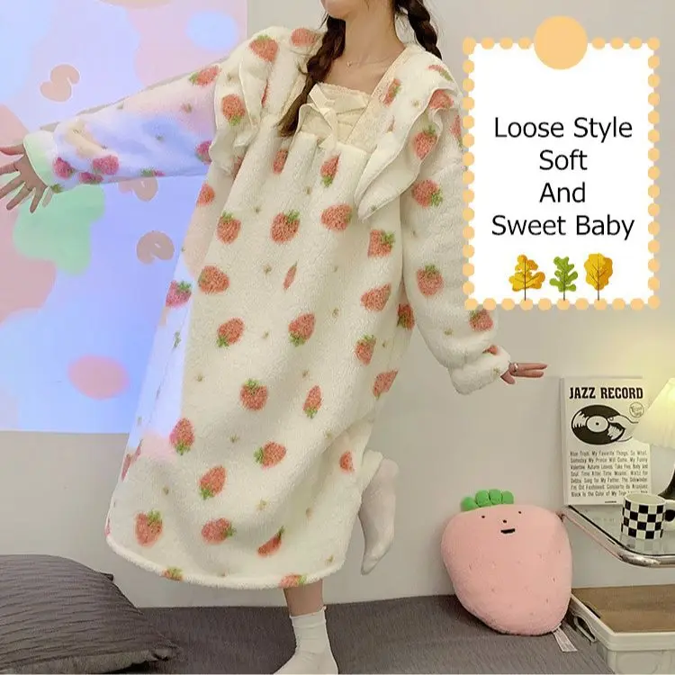 Yasuk Winter Fashion Women's Casual Lovely Print Strawberry Lace Warm Soft Sleepwear Loose Pajamas Nightdress Flannel Pullover