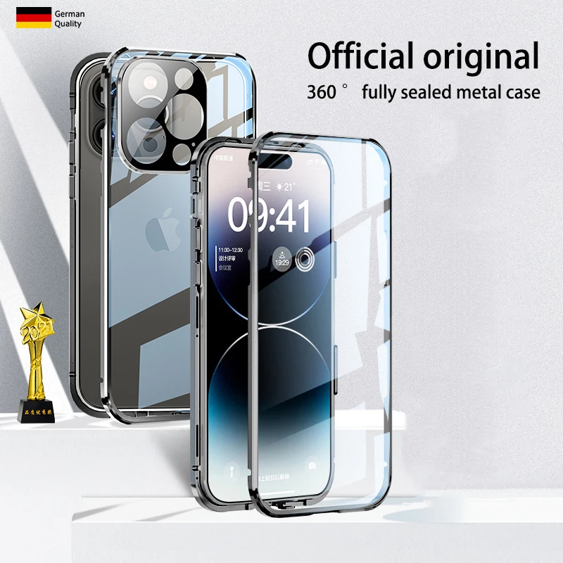 

Metal Double Sided Glass Case For iPhone 14 13 12 Pro Max 14 Pro 360 Full close HD lens Safety Lock Cases Protection Cover