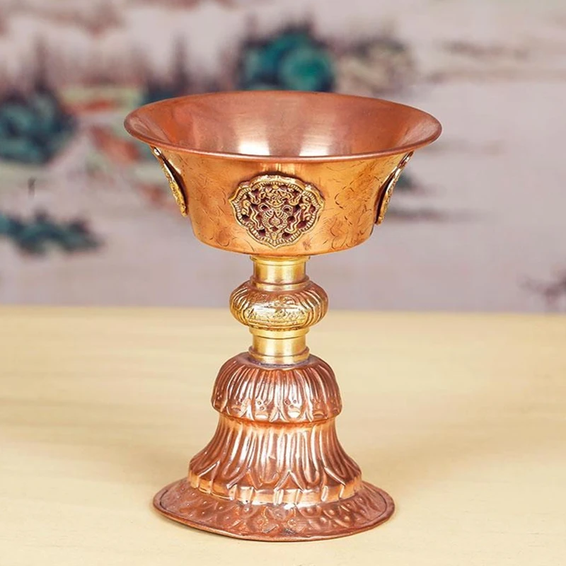 

Red Brass Tibetan Candlestick Religion Handcrafted Engraved Altars Candle Lamp Holder Cup Buddhist Tribute Home Table Decoration