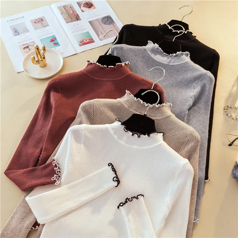 

Ruched Contrast Color Women Sweater Slim Knitted Turtleneck Ruched High Elastic 2022 Fall Winter Fashion Sweater Women Pullovers