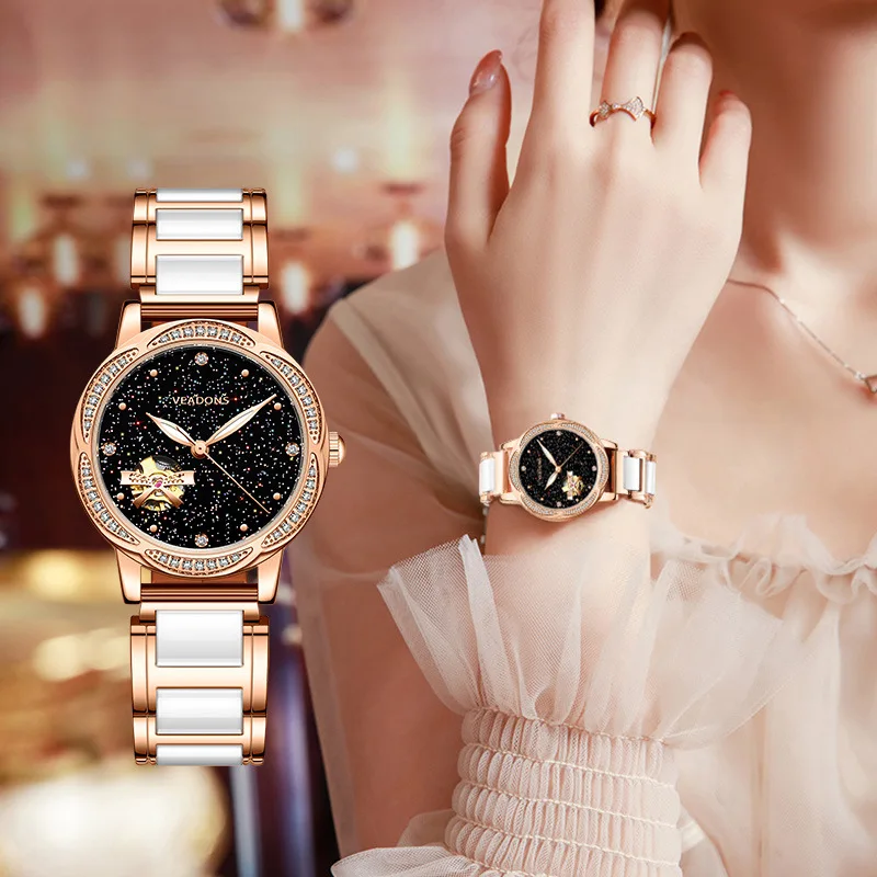 Enlarge VEADONS Women's Star Watch Fully Automatic Mechanical Watch High Grade Ceramic Hollow Luminous Waterproof Watch