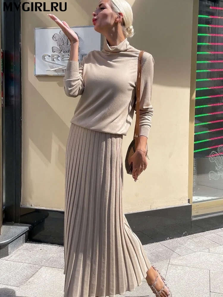 

Женский трикотажный костюм MVGIRLRU, облегающий пуловер с высоким воротником и плиссированная длинная юбка, комплект из 2 предметов, Осень-зима