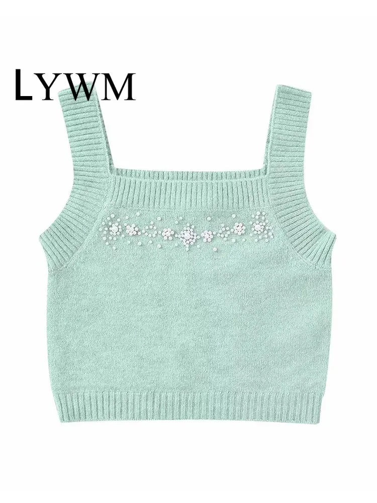 

LYWM Женская мода искусственный жемчуг однотонный вязаный укороченный свитер жилет винтажный квадратный воротник женские шикарные женские ...