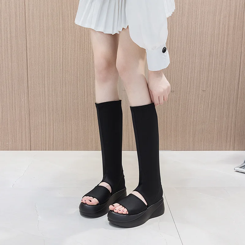 

Летние женские сандалии с открытым носком и открытым носком на плоской подошве, сапоги на плоской подошве, эластичные высокие сапоги, модна...