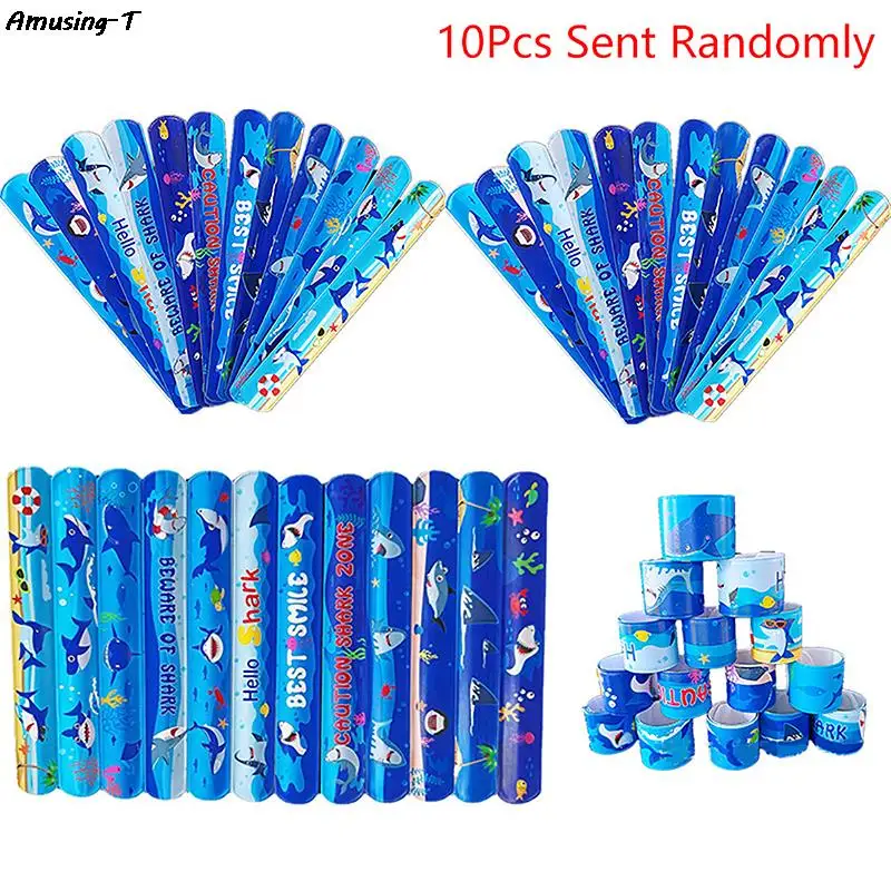 

Hot 10Pcs Cool Blue Shark Slap Bracelets Gifts Ocean Animals Party Cartoon Shark Decor Kids Happy Hawaiian Beach Party Favor