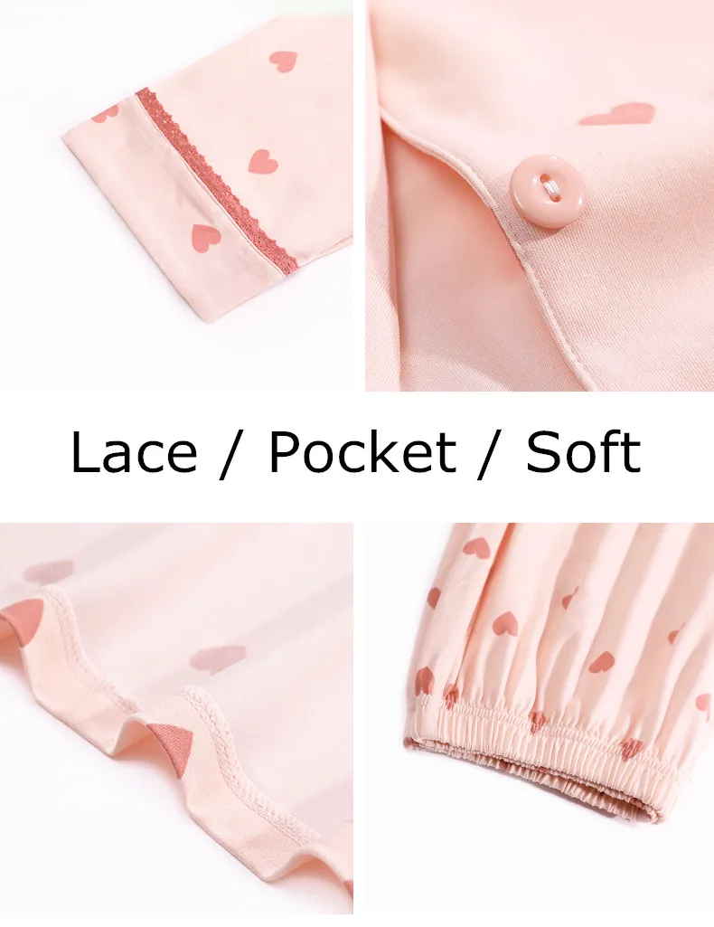 Yasuk Spring Autuum Fashion Women's Casual Print Pocket Sleepwear Homewear Cute Lovely Pajamas With Pants Soft Lace Heart