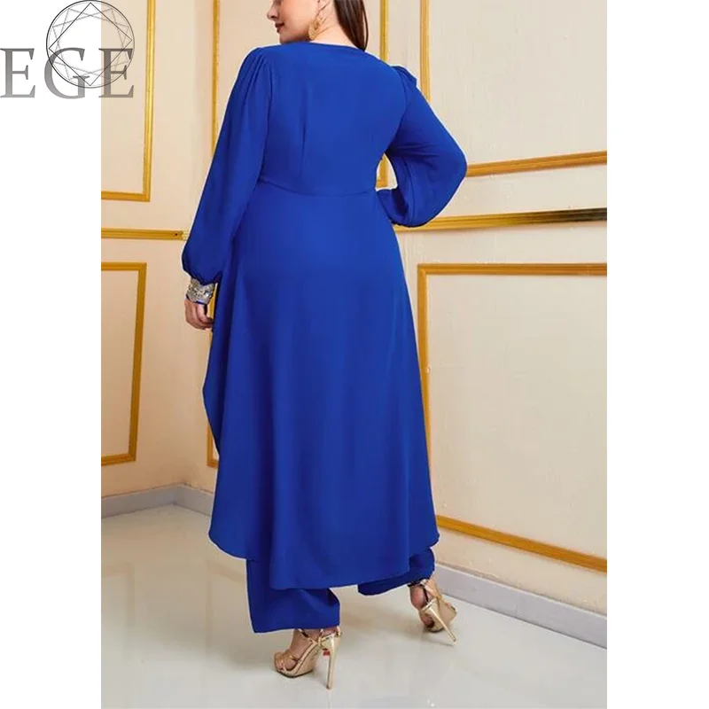 Plus Size Chiffon Commuter Style 2-Piece Set Round Neck Long Sleeve Royal Blue Top and Loose Chiffon Straight Leg Pants