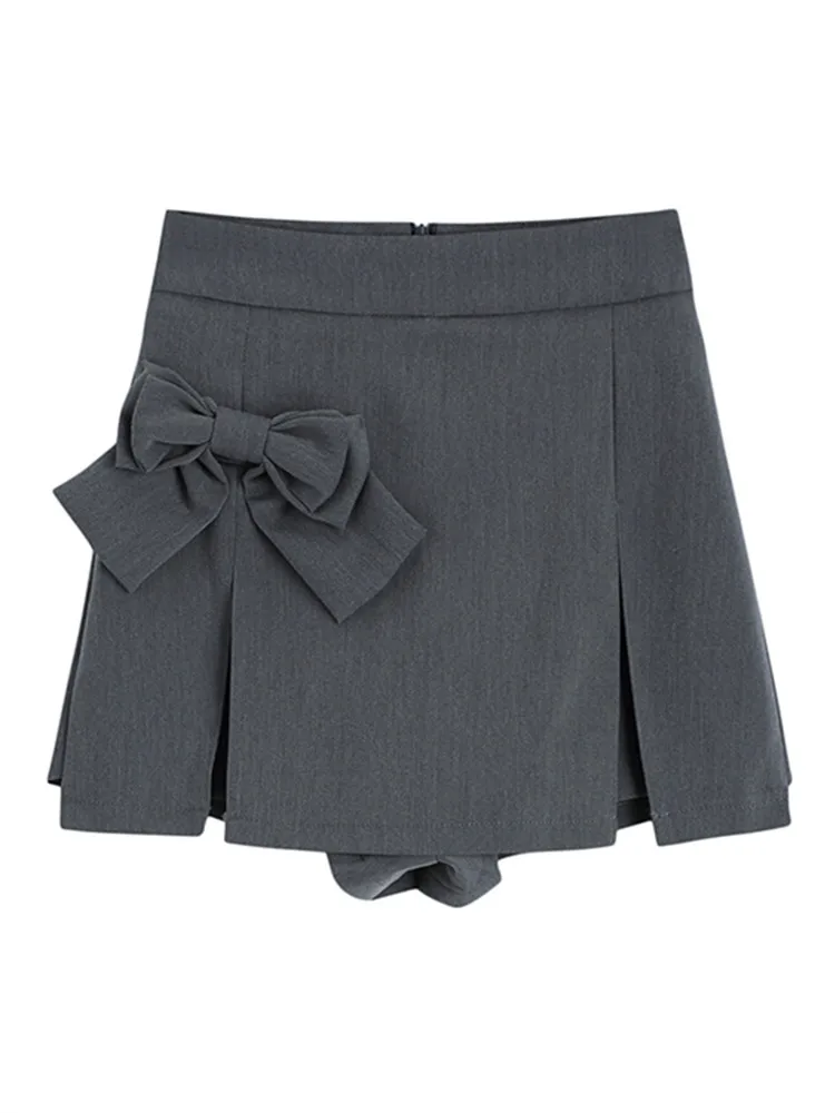 

PERHAPS U Women Summer Street Preppy Solid Pure Color High Waist Zipper Asymmetrical Split Bow A-Line Mini Shorts Skirts P3999