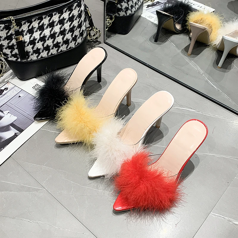 

Women Slippers Summer Fashion Hairy Stiletto Sandals & Slippers Women Word Drag Open Toe Wear High Heel Slippers Women 43 Size