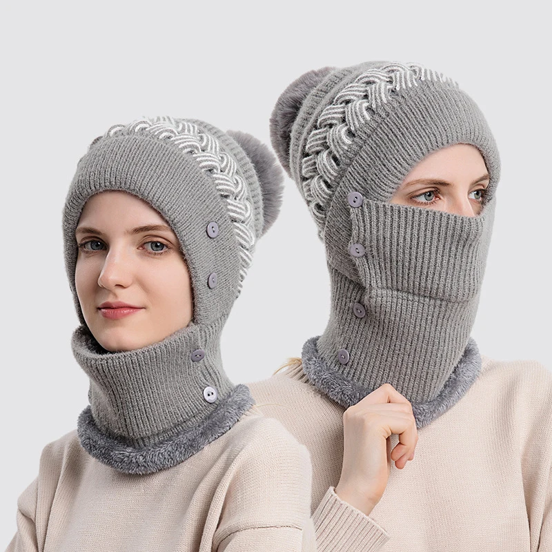 

Winter Women Hat Scarf Mask One Piece Set Outdoor Ski Cycling Warm Knit Pompom Beanies Ear Neck Protection Bonnets
