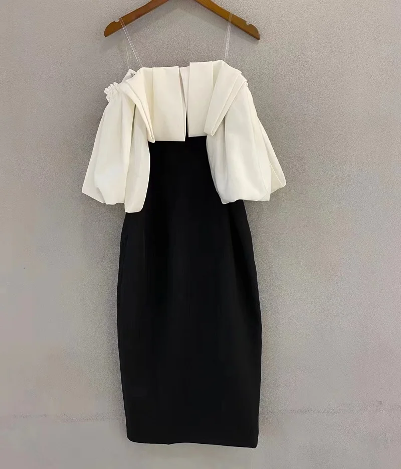 Bodycon Dress 2022 Autumn Party Elegant Women Spaghetti Strap Black White Color Block Short Sleeve Midi Sheath Dress Club Wear