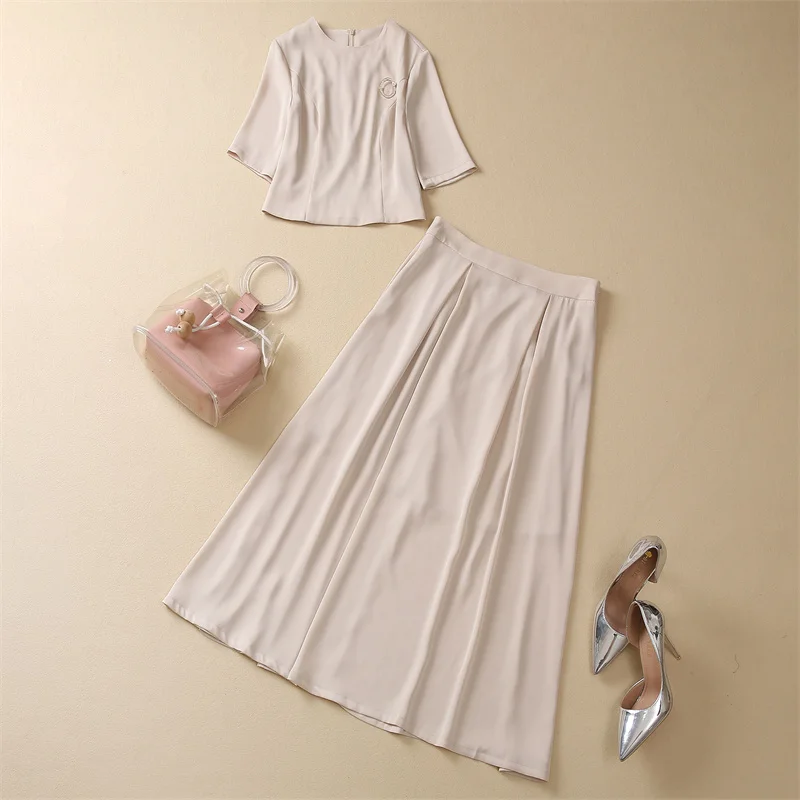 

Crop Sets 2023 Summer Fashion 2 Piece Sets High Quality Ladies Beading Deco Crop Tops+Mid-Calf Length A-Line Skirt Suits Sets OL