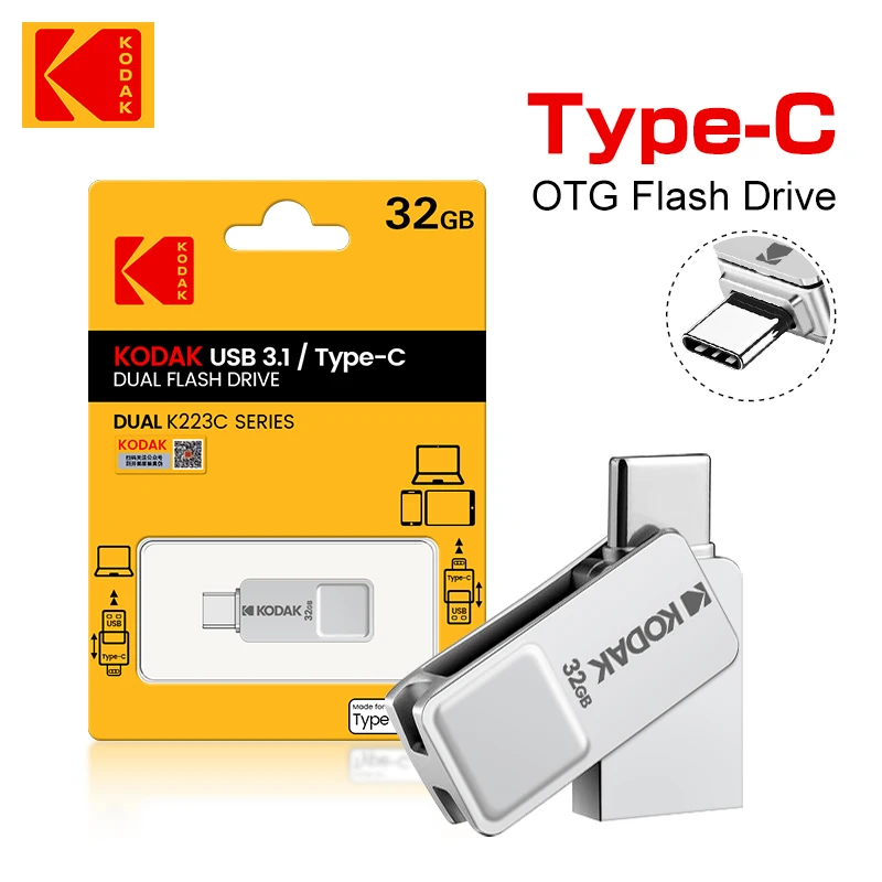 

New KODAK K223C Metal USB Flash Drive 32GB 64GB 128GB USB3.1 80MB/S Memory Stick OTG U Disk Mini Pendrive For Type-C Smartphone