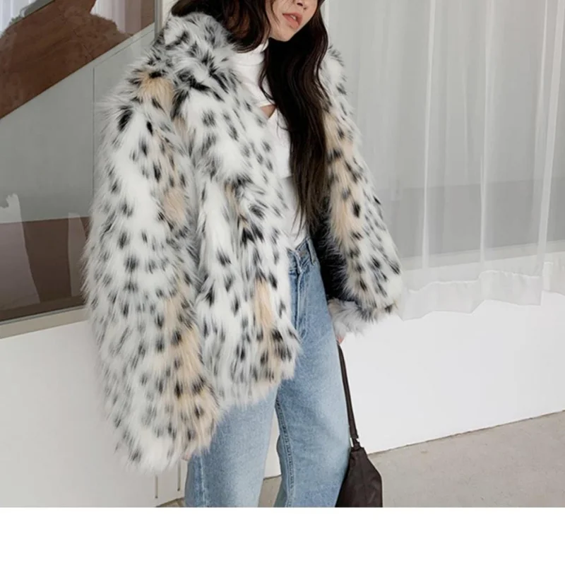Winter Notched Collar Hairy Shaggy Tuscan Cat Leopard Fur Jacket Long Sleeve Furry Fur Women Jacket Short Outerwear Faux Fur