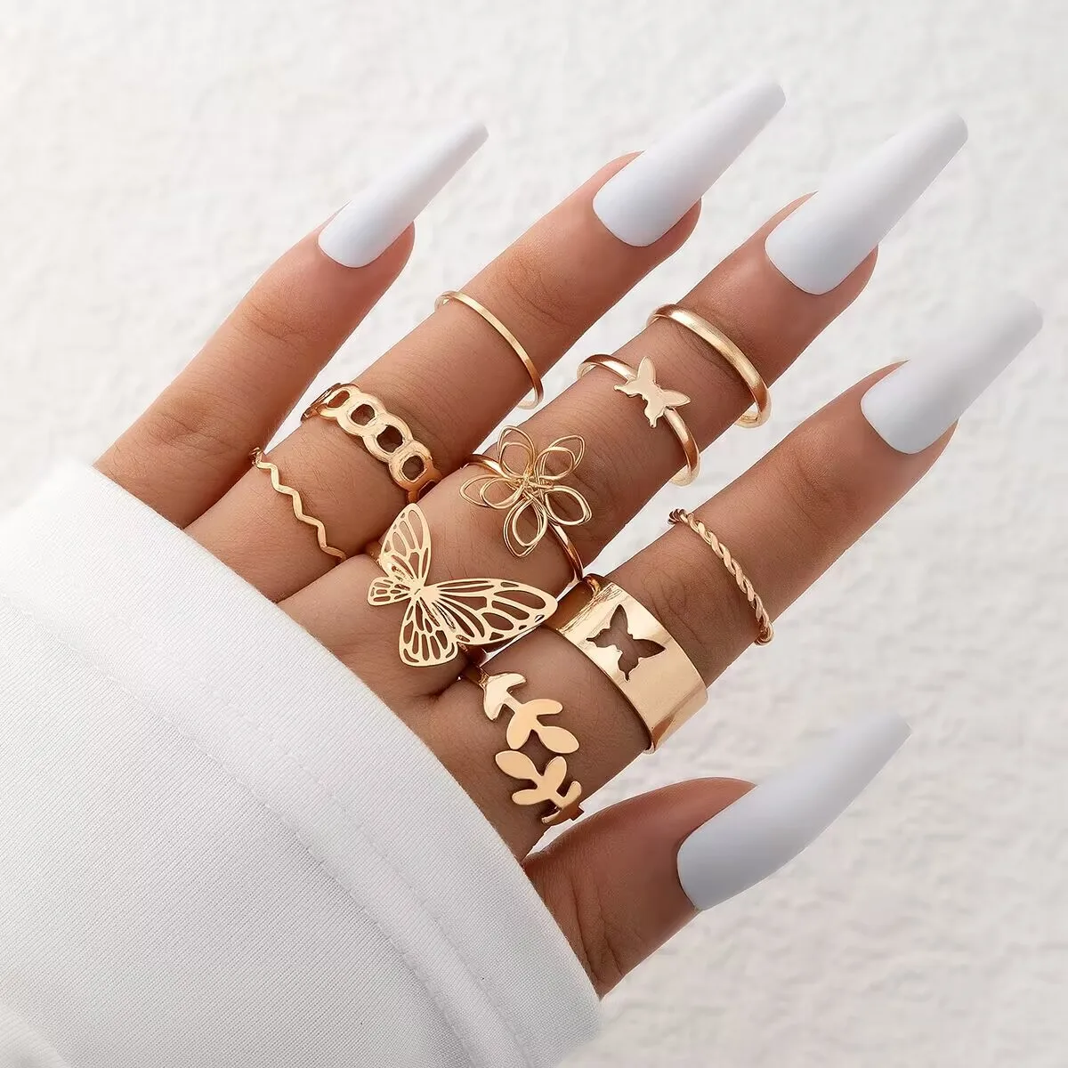 

10Pcs/set Gold Woven Flower Metal Charm Women Jewellery Black Geometric Hollow Ring Girl Accessories Gifts Fashion Jewelry