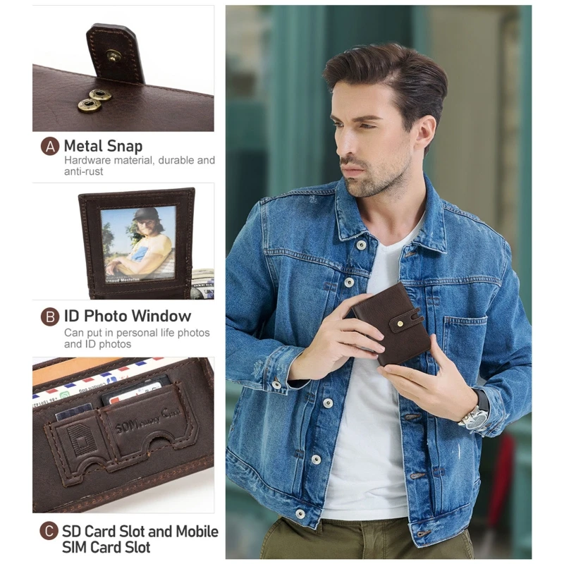 

Head Layer Cowhide Wallet Snap Buckle Closure Men Short Purse RFID Anti-theft Brush Vintage Bifold Wallets Clutch Credit Card