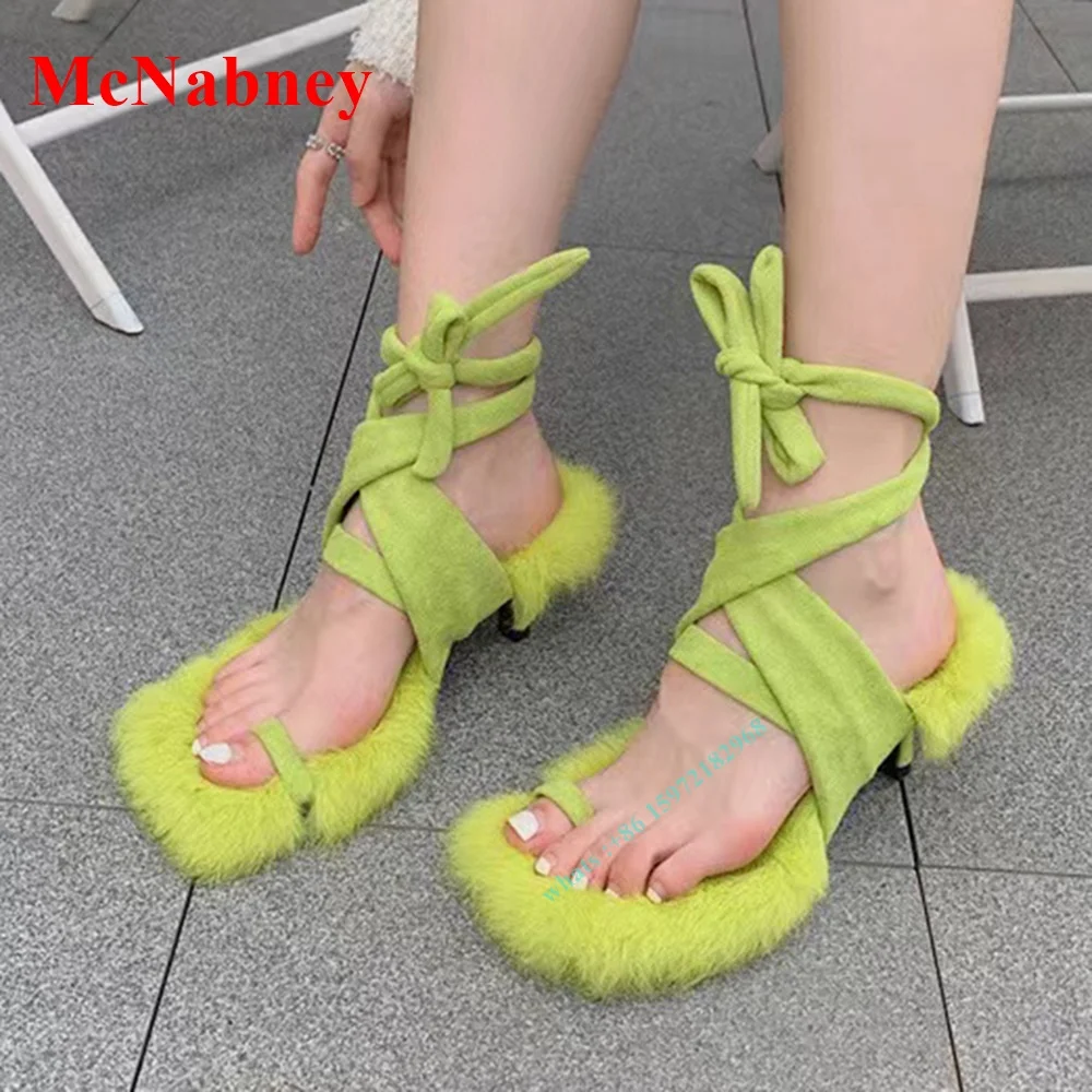 

Summer New Fur Sandals Women Outer Wear Stiletto Heel Cross Straps Square Toe Sexy Shoes Solid Party Prom Designer Sandals Green