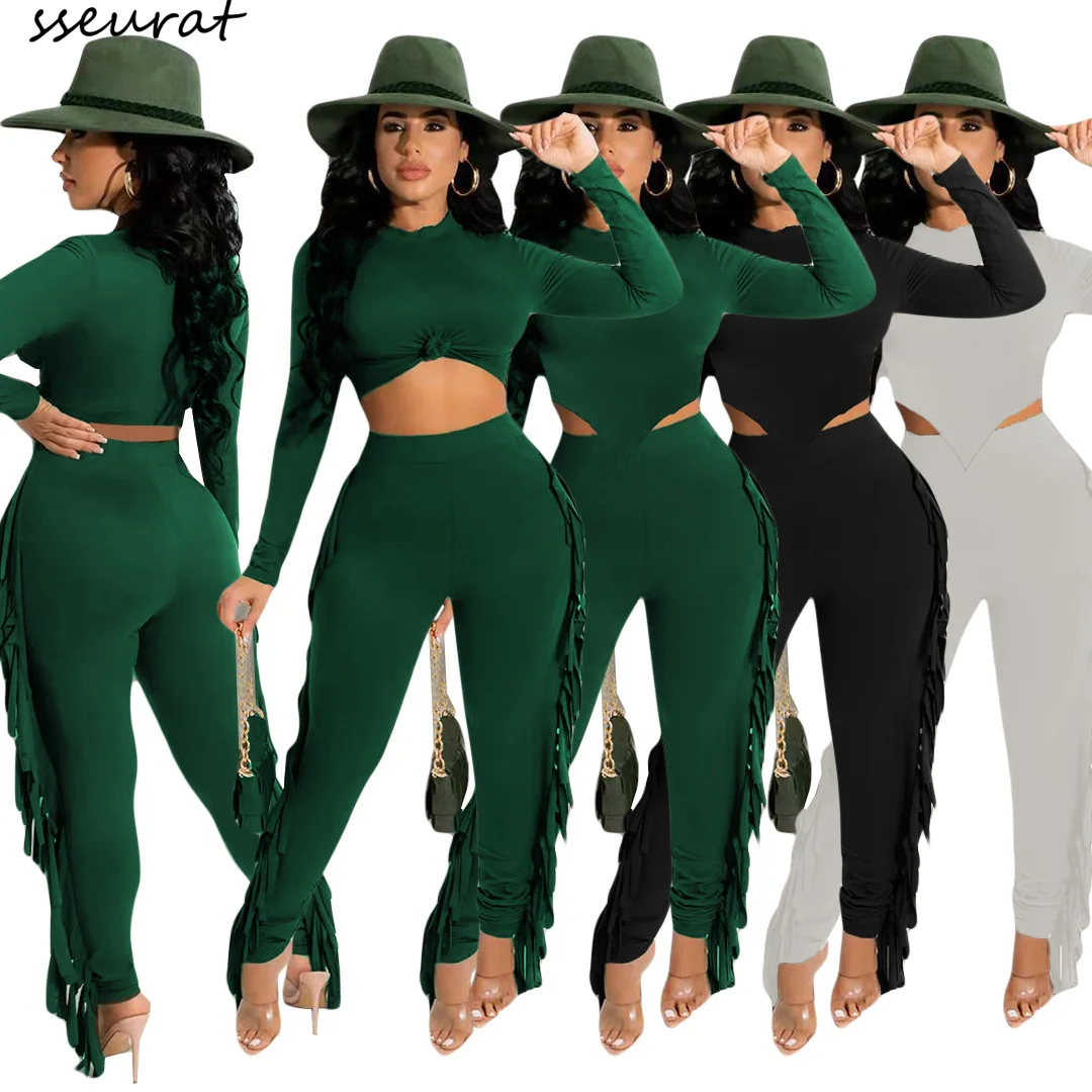 

Осенне-зимний комплект из двух предметов с бахромой, женская модная Однотонная футболка, облегающие брюки с бахромой, комплект из двух пред...