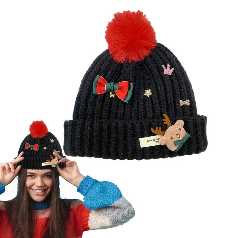 

Beanie Hats For Women Christmas Hats Cute Pom Poms Animal Picture Small Bow 2-Layer Knit Cuffs Skiing Beanies For Winter And