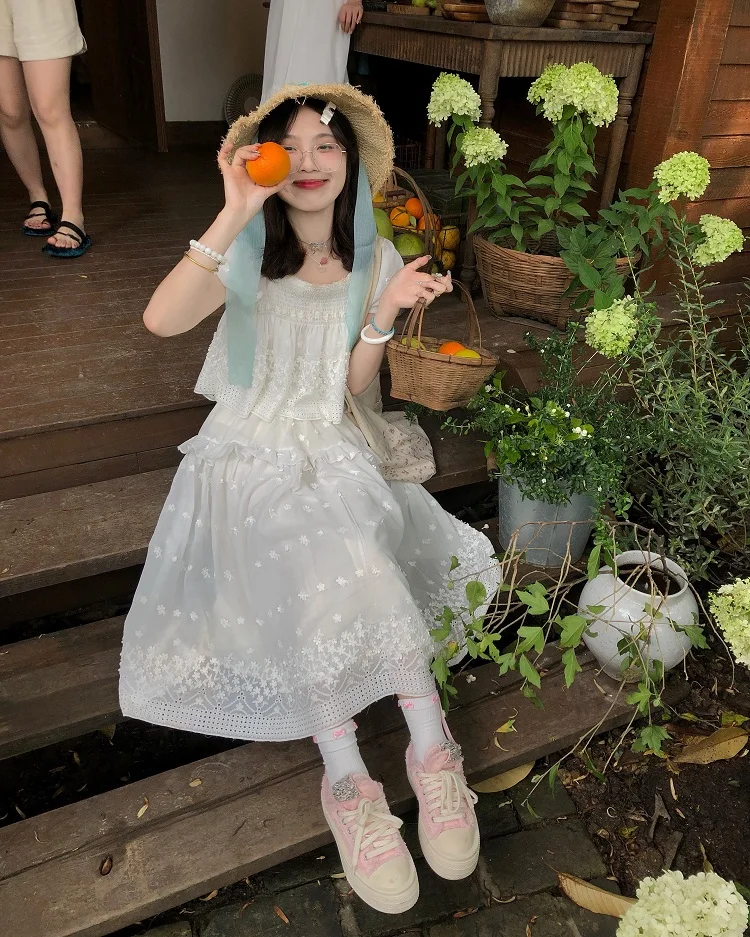 Жаккардовый костюм с пышными рукавами и юбкой Chun Bai Lian в японском стиле