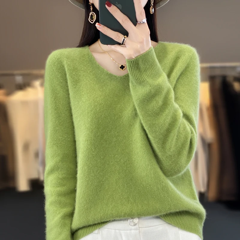 

100% Merino Wool Sweater Fairy Core Grunge V Neck Long Sleeve Tops Vintage Aesthetic Women Knitwear Solid Slim Female Pullovers