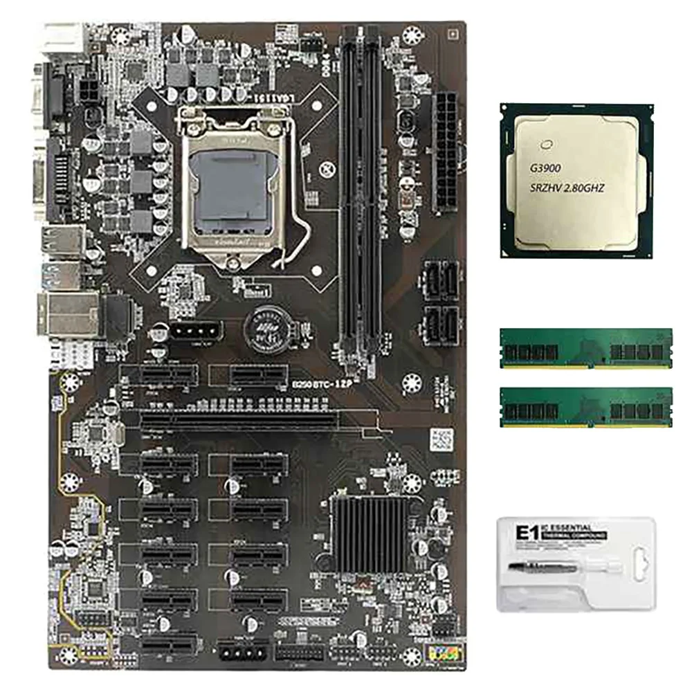 

B250 BTC Mining Motherboard with G3900 CPU+2X8G DDR4 Memory+Thermal Grease 12 PCI-E Slots LGA1151 DDR4 DIMM RAM SATA3.0