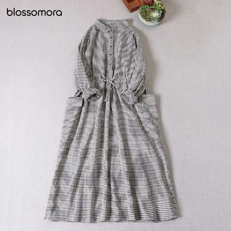 

Blossomora Cotton Linen Black Plaid Vintage Midi Dress Casual Long Sleeve Tunic Lace Up Elegant Summer Vestidos for Women 2022