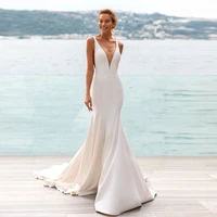 sexy mermaid civil wedding dress 2022 bride simple cap sleeve sweep train v neck custom bridal gown button back vestido de noche