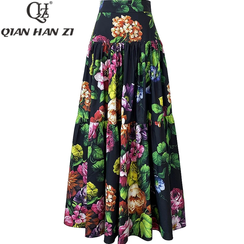 QHZ designer fashion long skirt for Women Vintage sleeves Floral print Elegant High quality 100% cotton Holiday Maxi skirt