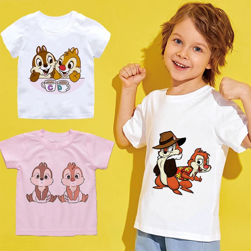 

Kids Tshirt Disney Cute Funny Chip 'n' Dale Cartoon Anime White Pink Crew Neck Print Top children clothes boys baby girl clothes