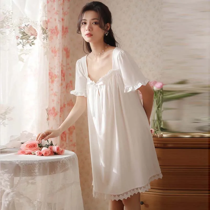 Roseheart Women Homewear Female Cotton White Sexy Sleepwear Nightdress Lace Nightgown Sleepwear Luxury Gown Dress Nightwear