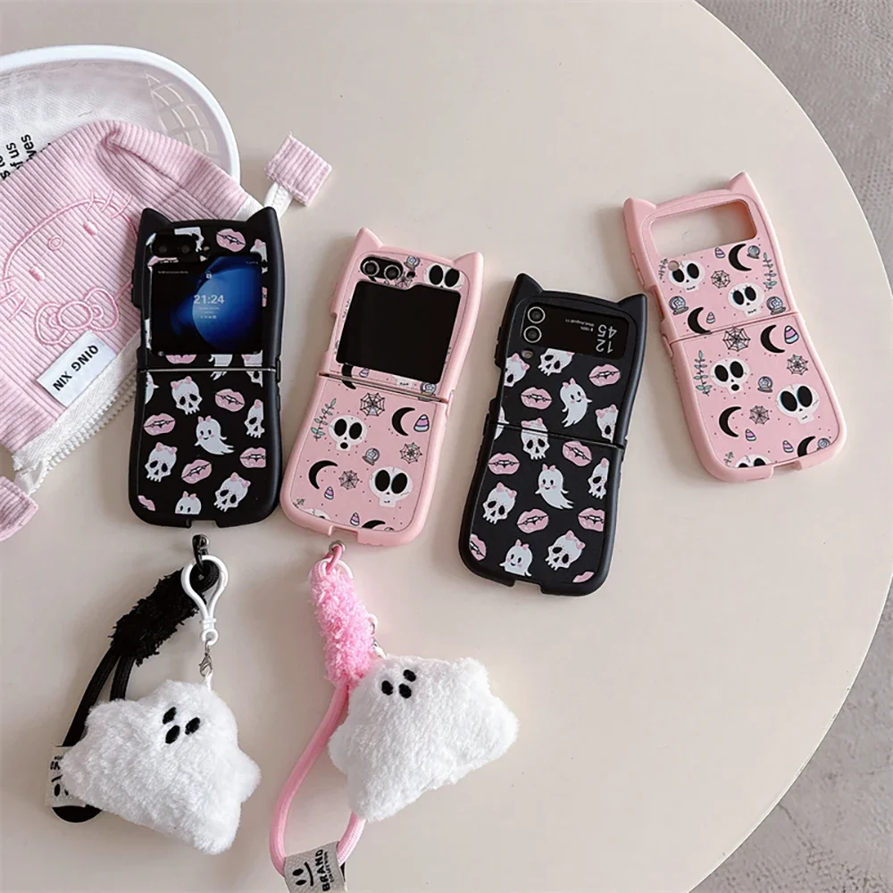 Розовый череп плюшевый призрак со шнурком чехол для телефона с 3D ушками и котом