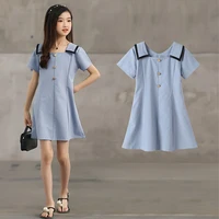 2022 summer blue girls cotton kids square dresses vestidos child school clothes commuting long sleeve patchwork 4 8 10 12 year