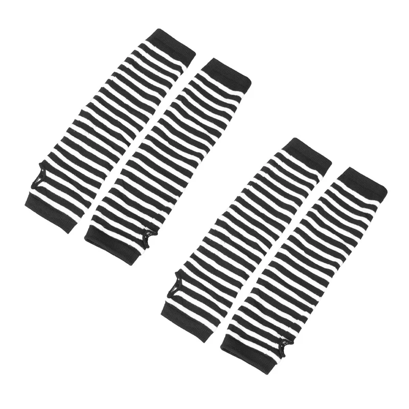 

2 Pair White Black Stripes Acrylic Fingerless Arm Warmers Gloves For Women