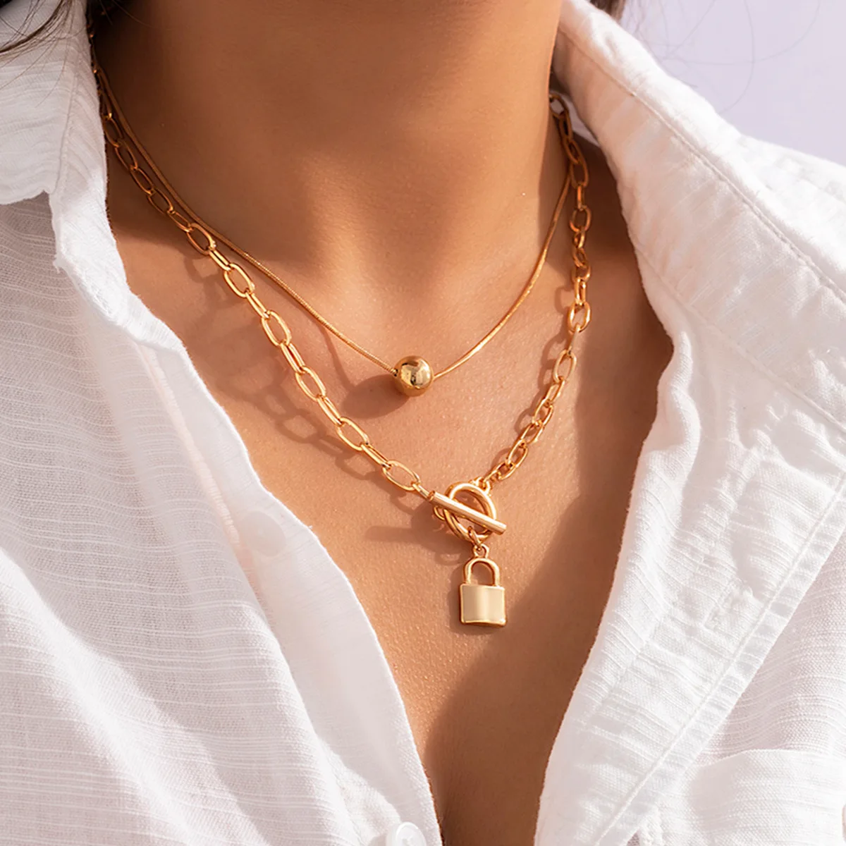 

Boho Round Bead Lock Pendant Necklace For Women's 2023 Multi Layered Gold Color Metal Hollow Cross Chain Girls' Fashion Jewelry