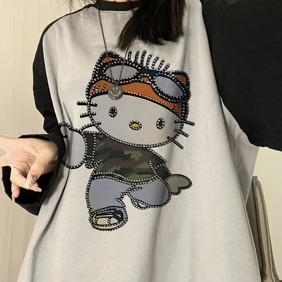 

Аниме Sanrio Kawaii Hello Kitty с длинными рукавами с мультяшным принтом вставка на плечо с длинными рукавами Осень Зима свободные хлопковые топы для девочек