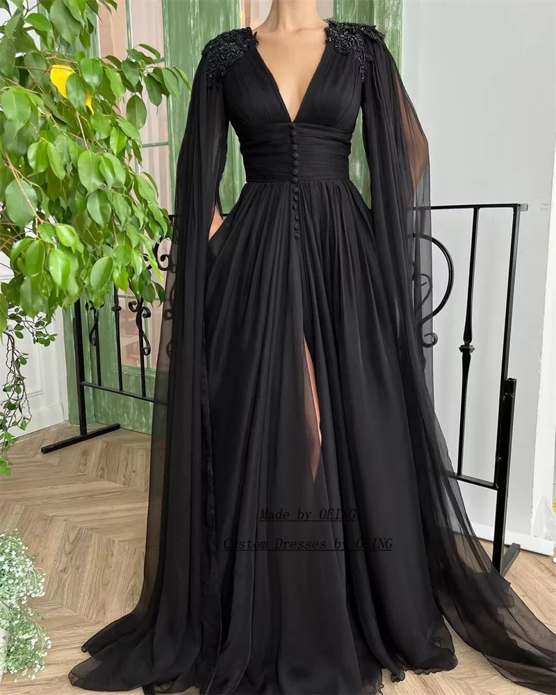 

OEING Vintage Black Long Sleeves Tulle Long Evening Dresses V Neck Applique Sweet Side Slit Formal Prom Gowns Night Party Dress