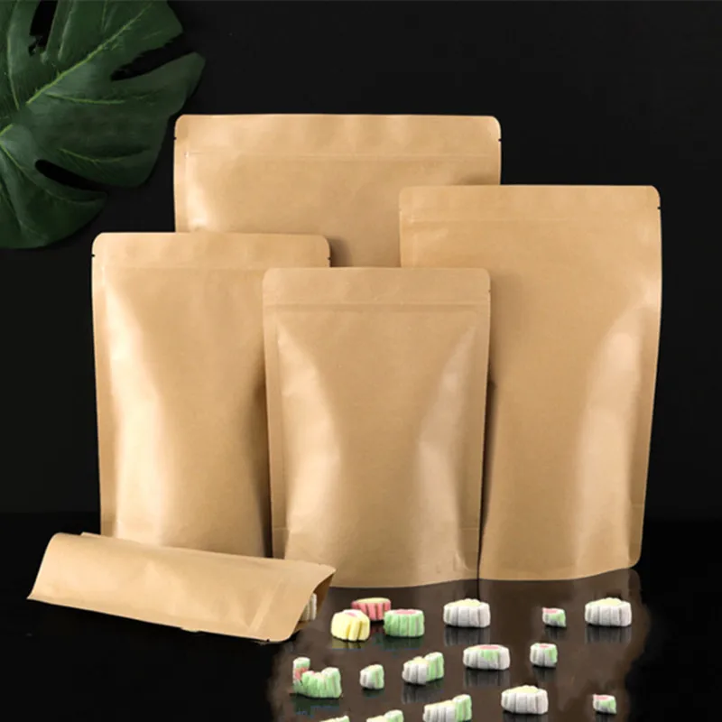 

50PCS Kraft Paper + PE Inlay Ziplock Packaging Bags Resealable Snack Sugar Spice Cereals Tea Nuts Electronics Storage Pouches