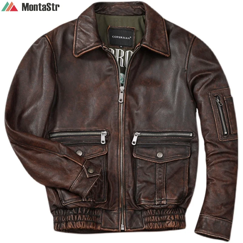 

Men Stone Distressed Genuine Leather Jacket New Top Layer Cowhide Air Force Flight Jackets Vintage Fashion Redbrown Corium Coat