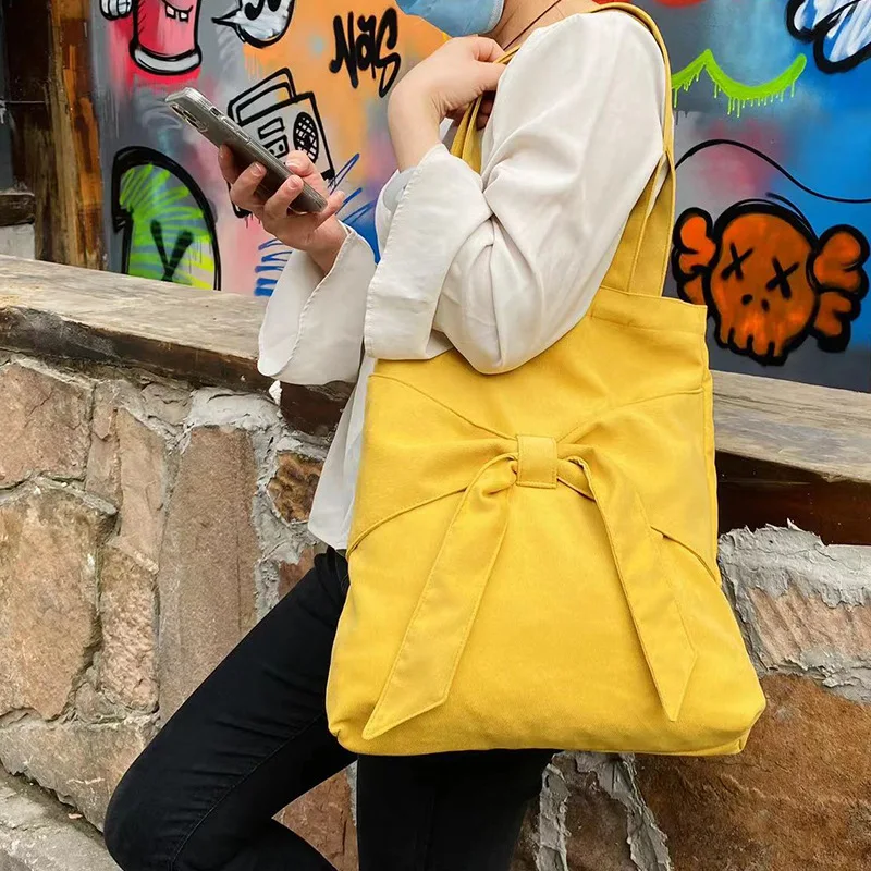 

Женская Холщовая Сумка с бантом на одно плечо, японская вместительная дамская сумочка с сердечками, Женский саквояж для покупок